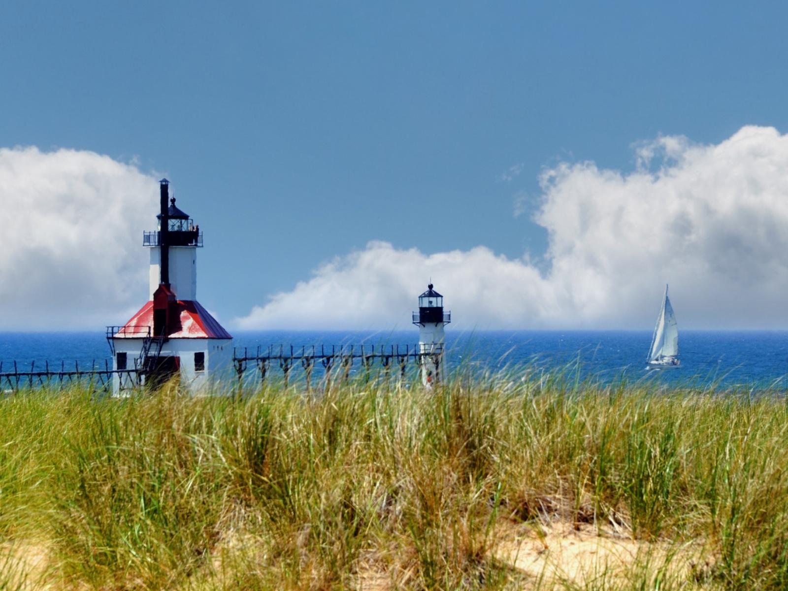 St. Joseph North Pier Lighthouse on a sunny day Lake Michigan